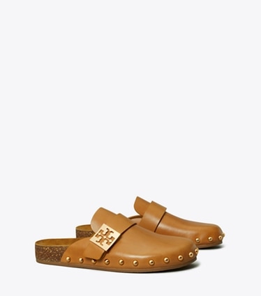Tory Burch diseñador zapatos planos Chinela con tachuelas Mellow en CARAMEL CORN / GOLD ángulo