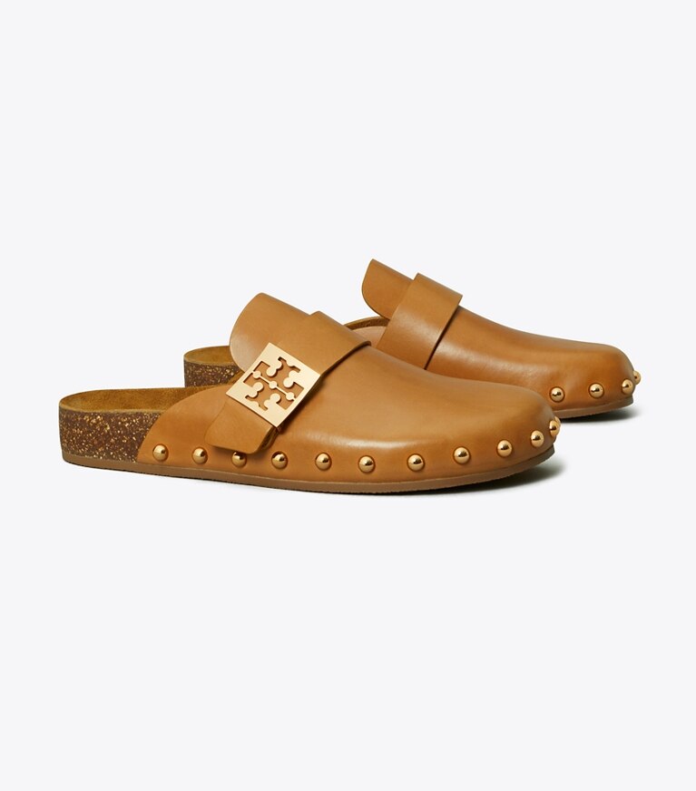 Tory Burch diseñador zapatos planos Chinela con tachuelas Mellow en CARAMEL CORN / GOLD ángulo