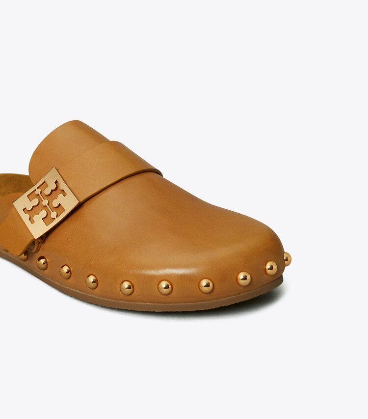 Tory Burch diseñador zapatos planos Chinela con tachuelas Mellow en CARAMEL CORN / GOLD detalle
