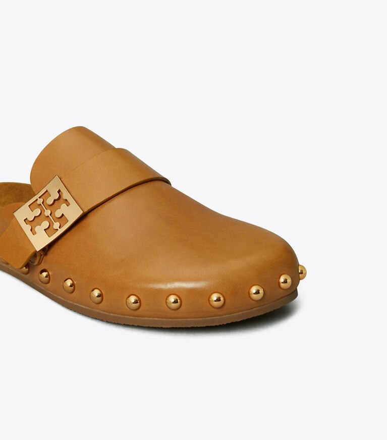 Tory Burch diseñador zapatos planos Chinela con tachuelas Mellow en CARAMEL CORN / GOLD detalle