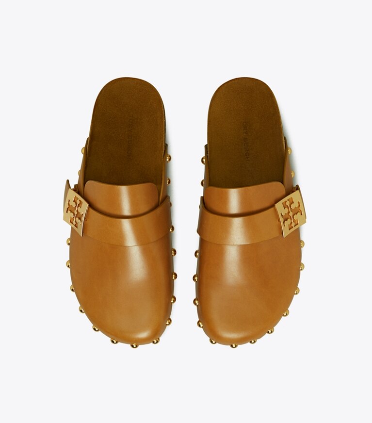 Tory Burch diseñador zapatos planos Chinela con tachuelas Mellow en CARAMEL CORN / GOLD vista superior