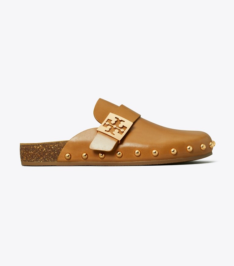 Tory Burch diseñador zapatos planos Chinela con tachuelas Mellow en CARAMEL CORN / GOLD lateral