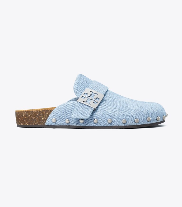 Tory Burch diseñador zapatos planos Chinela con tachuelas Mellow en BLUE CLOUD / SILVER lateral