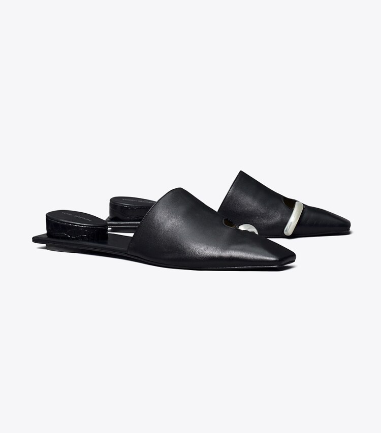 Tory Burch diseñador zapatos planos Chinela Pierced en PERFECT BLACK / SILVER ángulo