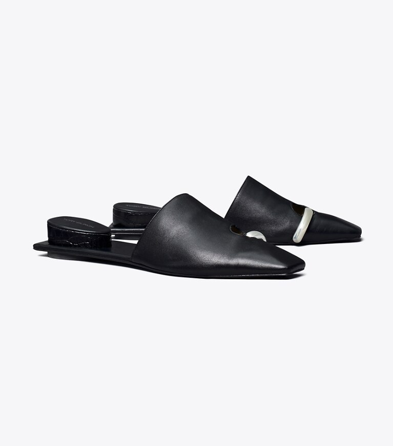 Tory Burch diseñador zapatos planos Chinela Pierced en PERFECT BLACK / SILVER ángulo