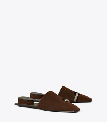Tory Burch diseñador zapatos planos Chinela Pierced en DARK COCOA / SILVER ángulo