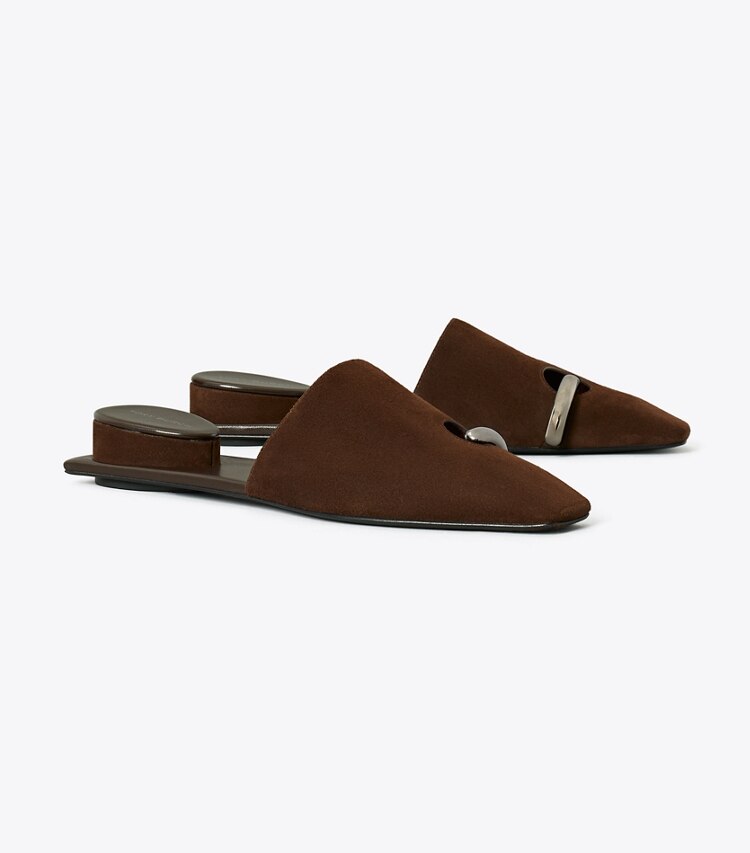 Tory Burch diseñador zapatos planos Chinela Pierced en DARK COCOA / SILVER ángulo