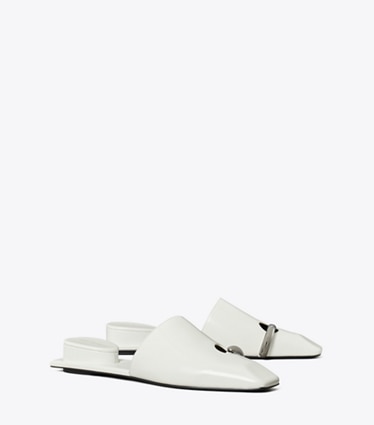 Tory Burch diseñador zapatos planos Chinela Pierced en WHITE / SILVER ángulo