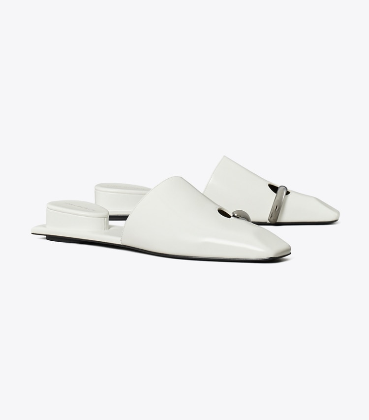 Tory Burch diseñador calzado plano Chinela Pierced en WHITE / SILVER ángulo