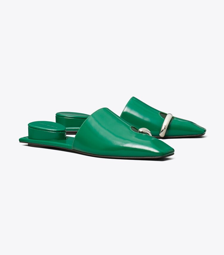 Tory Burch diseñador zapatos planos Chinela Pierced en GRASS / SILVER ángulo