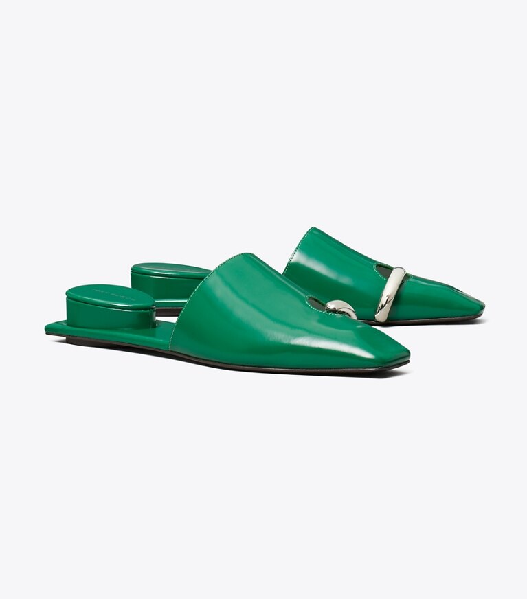 Tory Burch diseñador zapatos planos Chinela Pierced en GRASS / SILVER ángulo