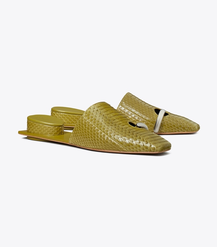 Tory Burch diseñador zapatos planos Chinela Pierced en MOSS / SILVER ángulo
