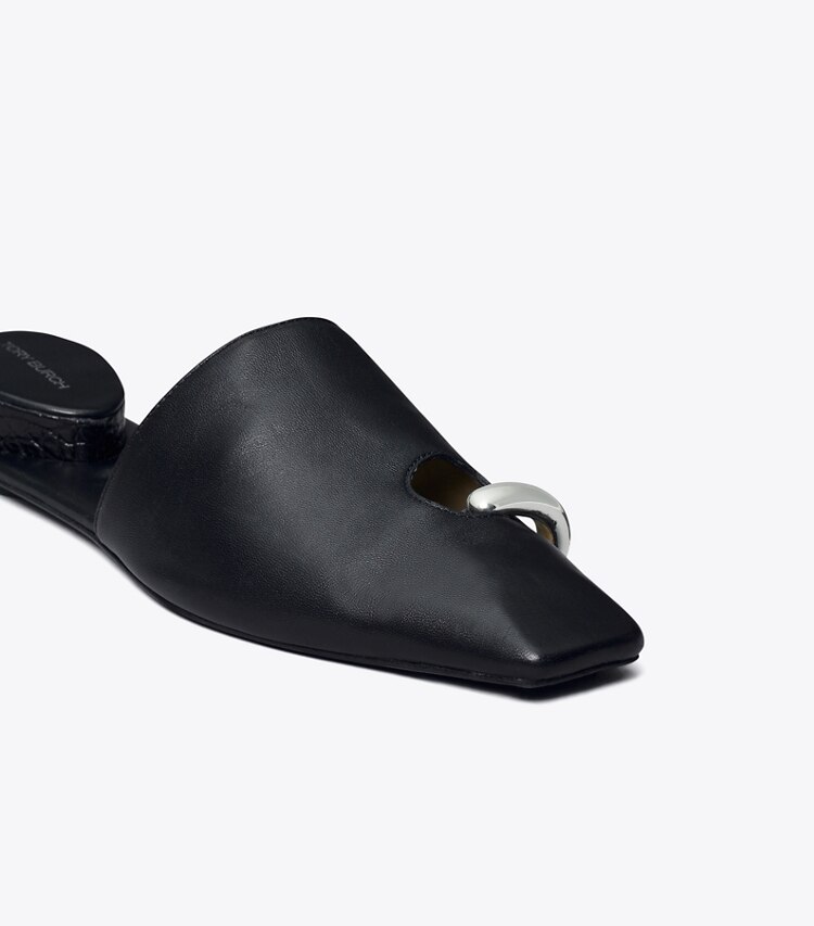 Tory Burch diseñador zapatos planos Chinela Pierced en PERFECT BLACK / SILVER detalle