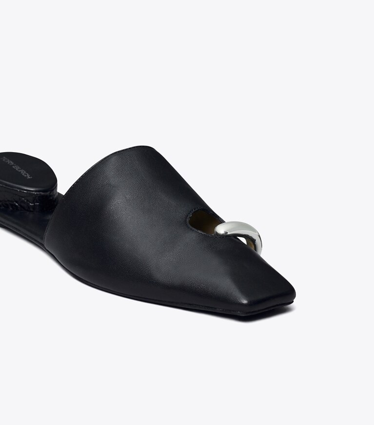Tory Burch diseñador zapatos planos Chinela Pierced en PERFECT BLACK / SILVER detalle