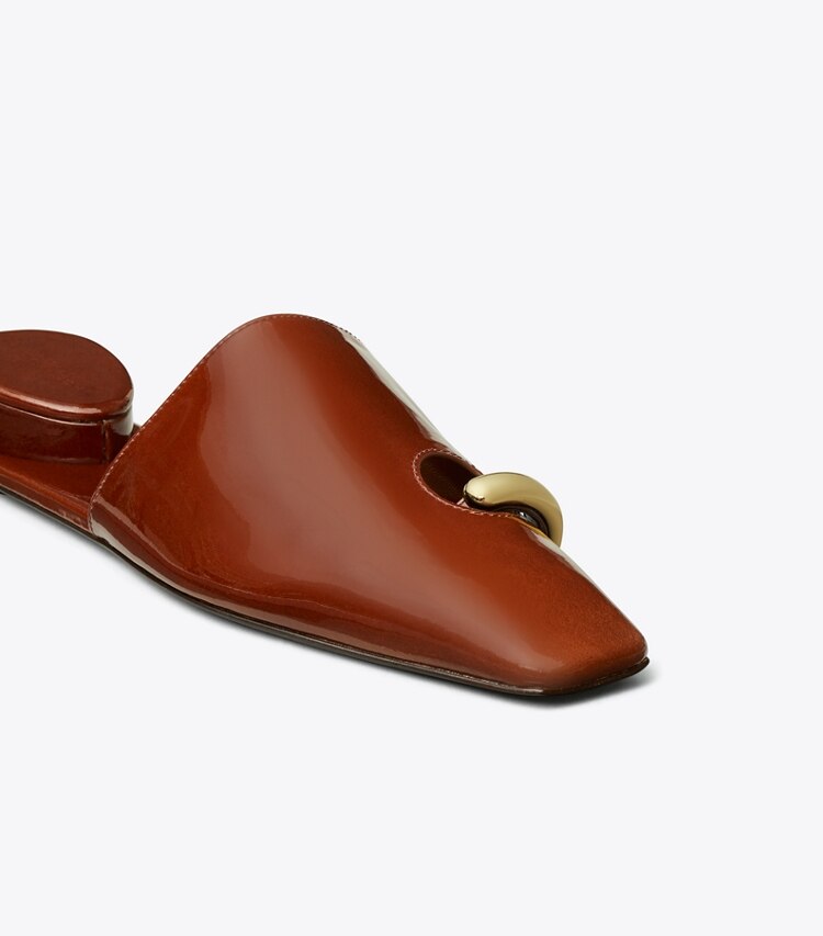 Tory Burch diseñador zapatos planos Chinela Pierced en RUSSET BROWN / GOLD detalle