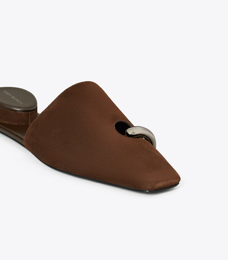 Tory Burch diseñador zapatos planos Chinela Pierced en DARK COCOA / SILVER detalle