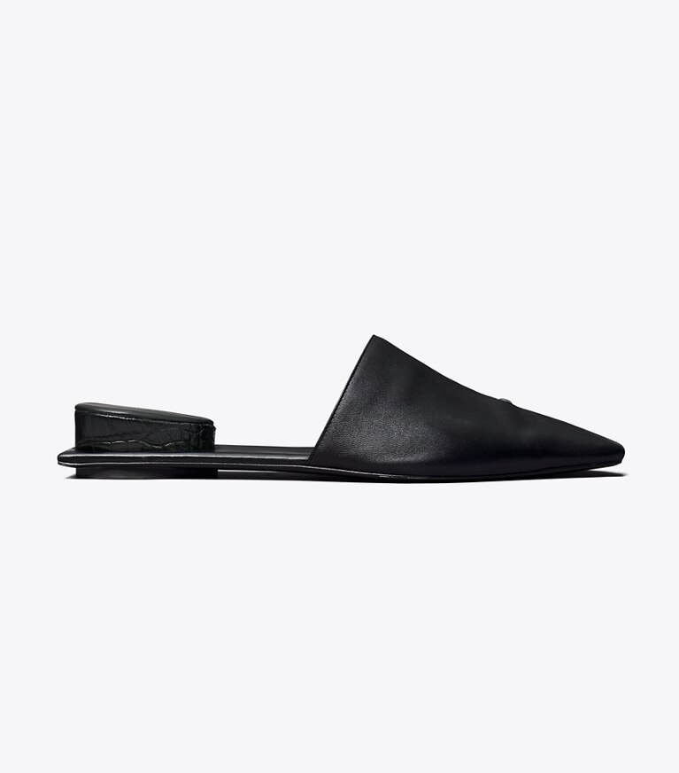 Tory Burch diseñador zapatos planos Chinela Pierced en PERFECT BLACK / SILVER lateral