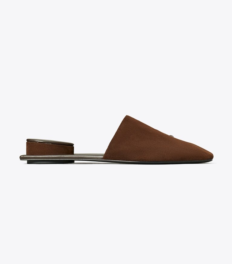 Tory Burch diseñador zapatos planos Chinela Pierced en DARK COCOA / SILVER lateral