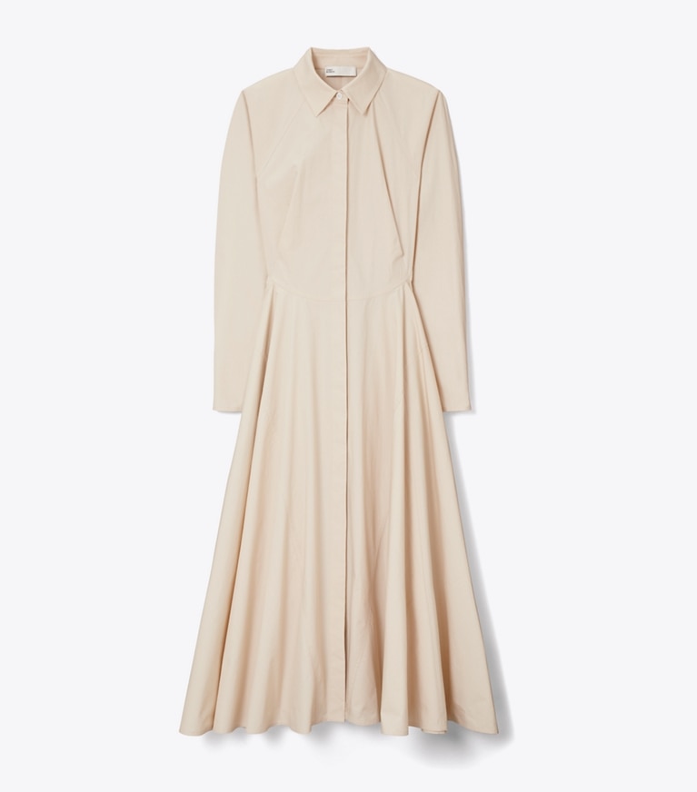 Tory Burch designer dresses Cinched Cotton Shirtdress in Pale Sand front