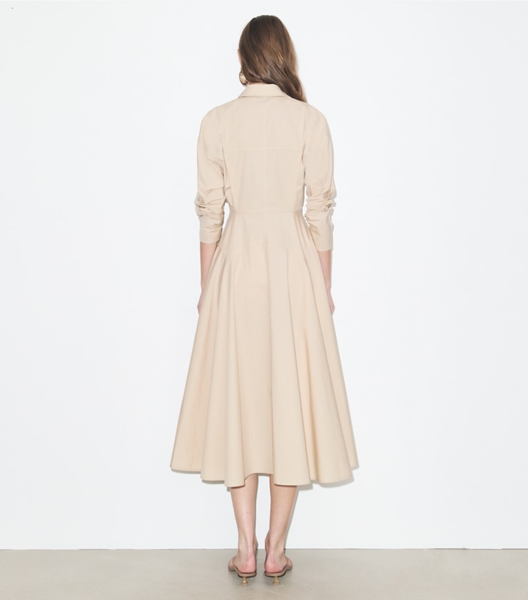 Tory Burch designer dresses Cinched Cotton Shirtdress in Pale Sand on model back