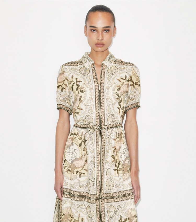 Tory Burch designer coverups Cinched Cotton Zip Dress in Pink Cockatoo on model detail