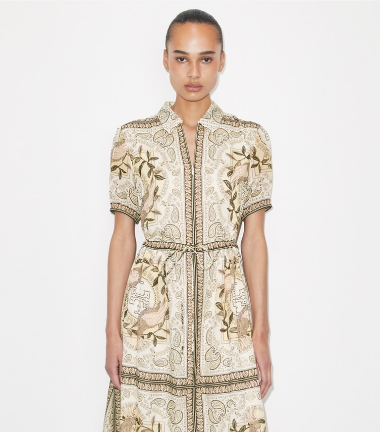 Tory Burch designer coverups Cinched Cotton Zip Dress in Pink Cockatoo on model detail