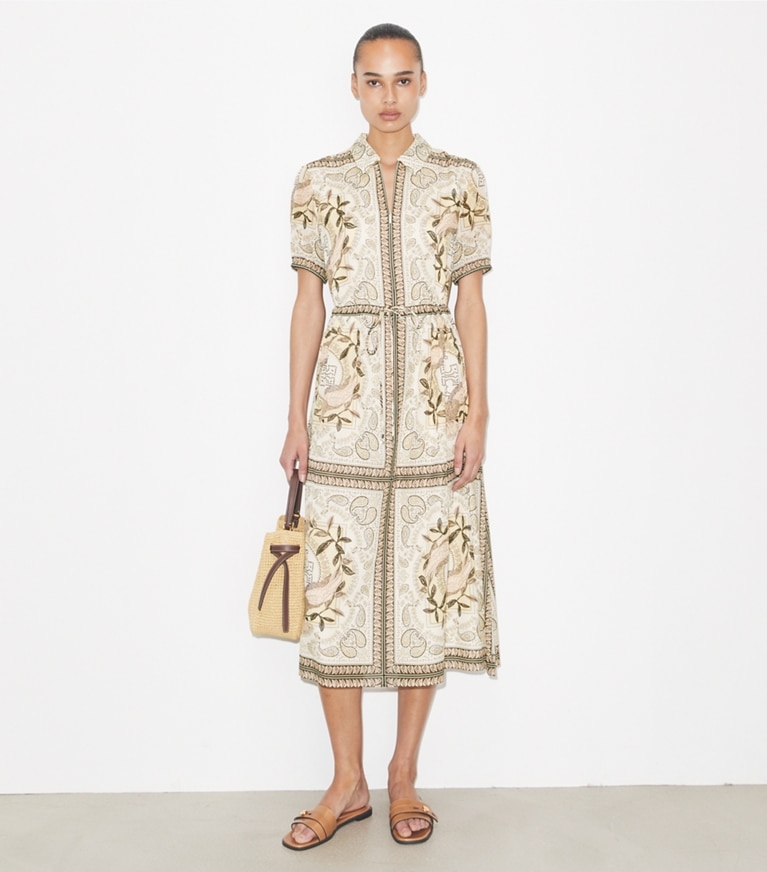 Tory Burch designer coverups Cinched Cotton Zip Dress in Pink Cockatoo on model front