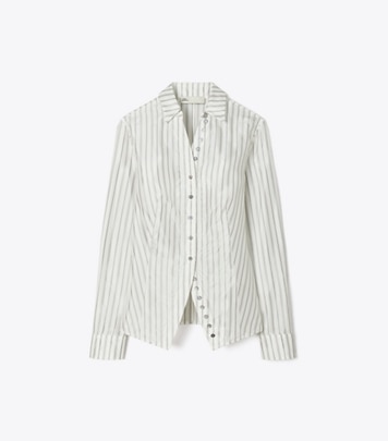 Tory Burch designer tops Cinched Shirt in White/Gray/Black Helios Striped Lining front