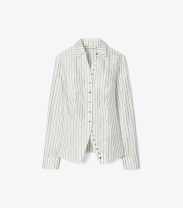 Tory Burch designer tops Cinched Shirt in White/Gray/Black Helios Striped Lining front