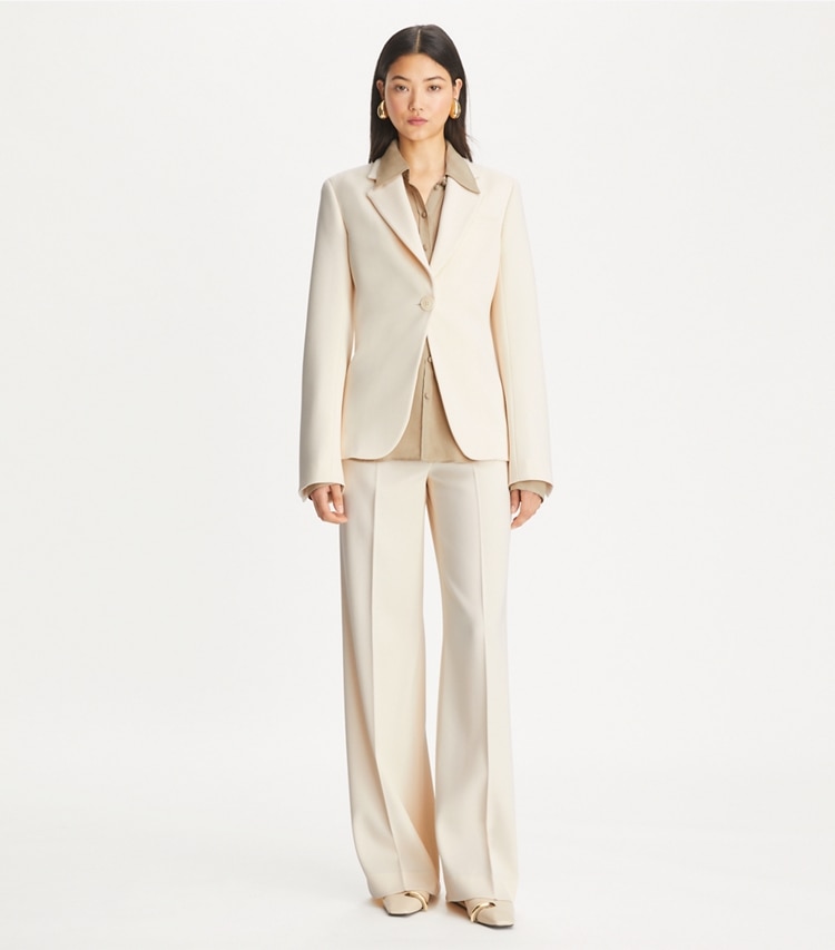 Tory Burch designer jackets Cinched Twill Blazer in French Cream on model front