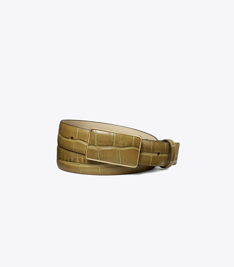 Tory Burch diseñador cinturones Cinturón con hebilla de placa con grabado de cocodrilo en Coconut Shell/Gold frente