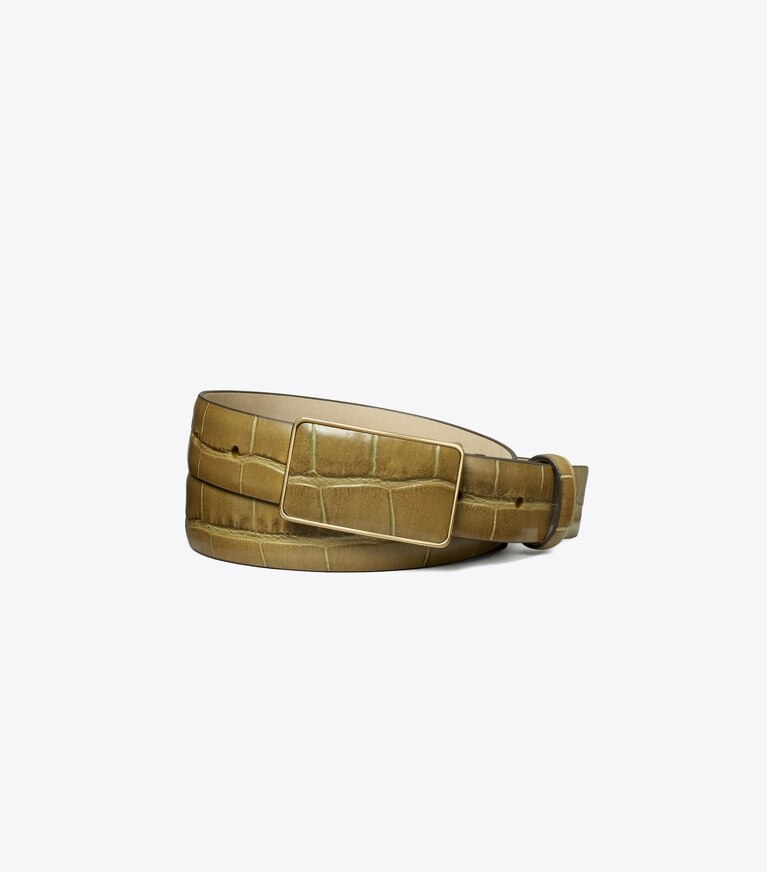 Tory Burch diseñador cinturones Cinturón con hebilla de placa con grabado de cocodrilo en Coconut Shell/Gold frente