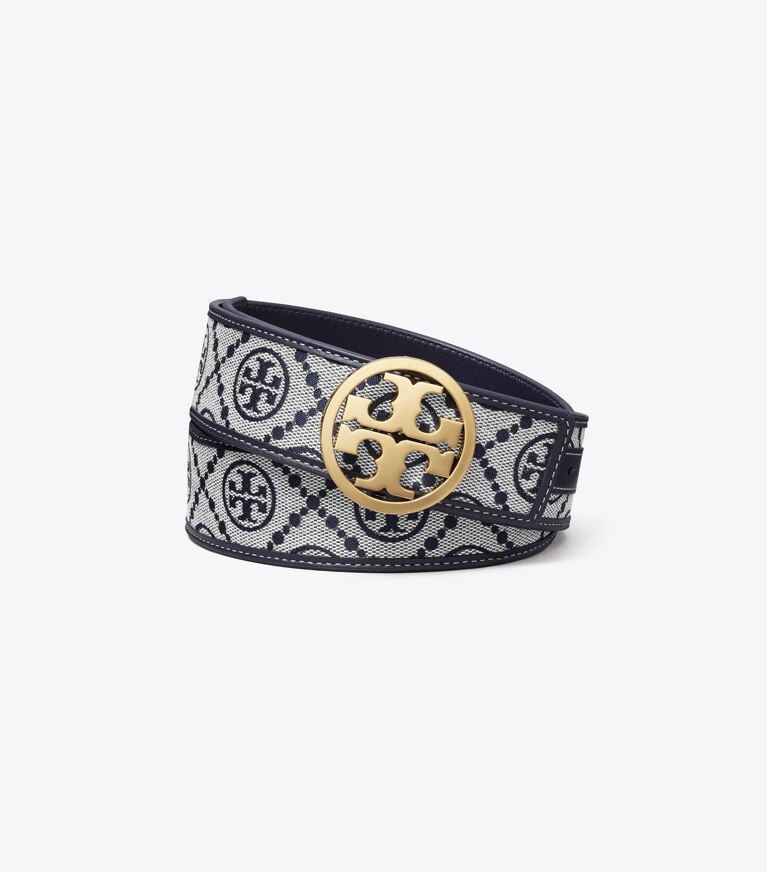 Tory Burch diseñador cinturones Cinturón con monograma de T de 3,8 cm en Tory Navy frontal