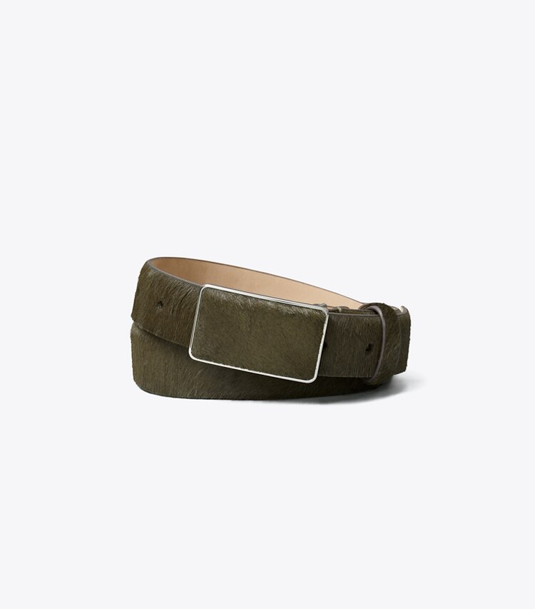 Tory Burch diseñador cinturones Cinturón con placa de pelo de ternera en Dark Olive / Silver frente