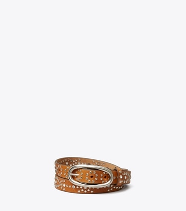 Tory Burch diseñador cinturones Cinturón con tachuelas Pierced en Burnt Umber/Silver frente