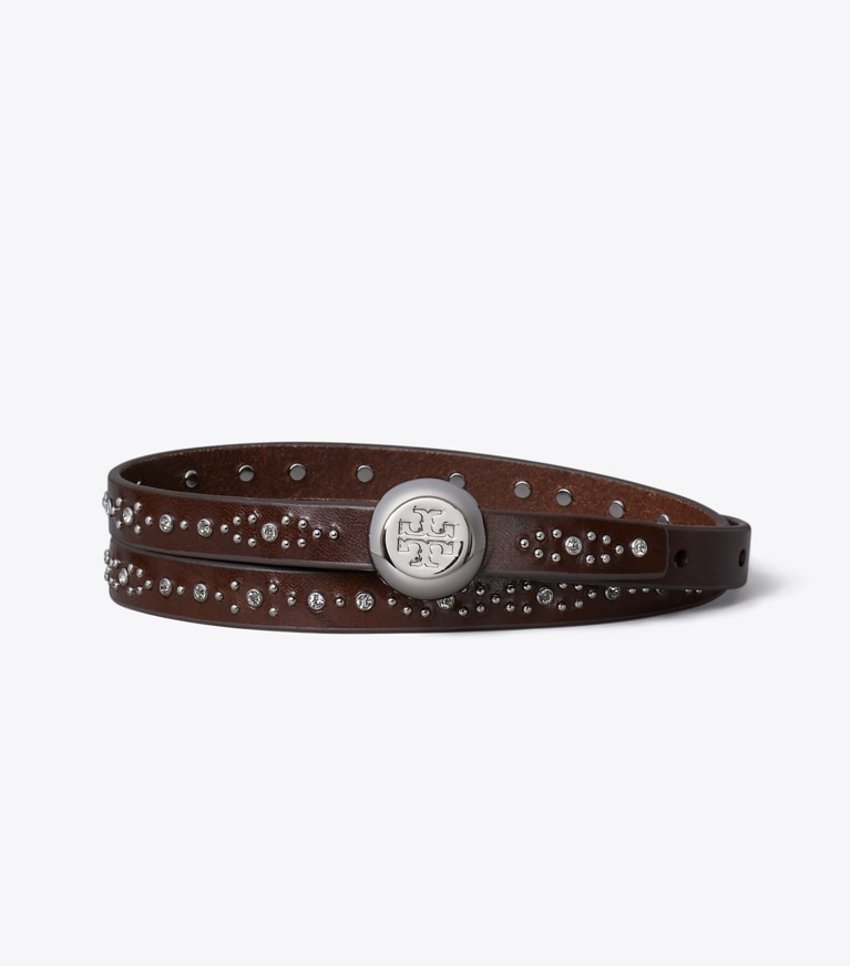 Tory Burch diseñador cinturones Cinturón con tachuelas Romy en Dark Chocolate / Silver frente