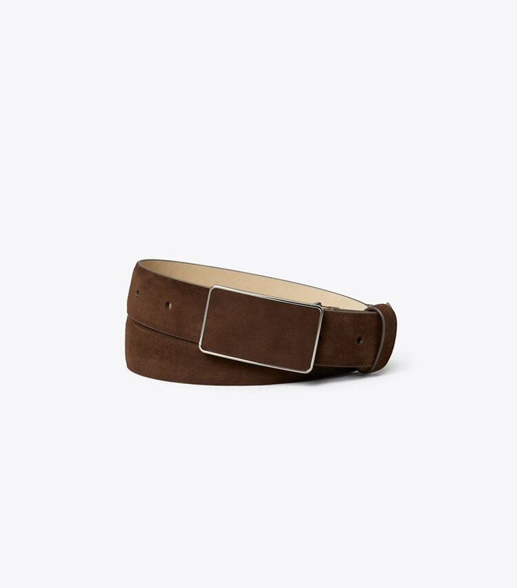 Tory Burch diseñador cinturones Cinturón de ante con placa en Dark Cocoa / Silver frontal