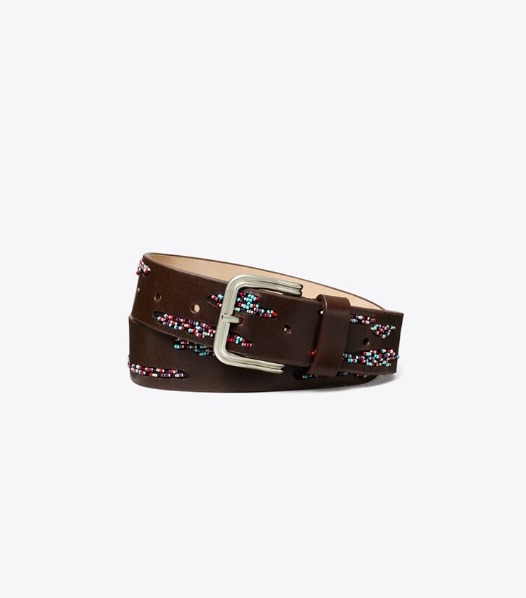 Tory Burch diseñador cinturones Cinturón de doble alambre con hebilla y cuentas en Dark Brown / Silver frente