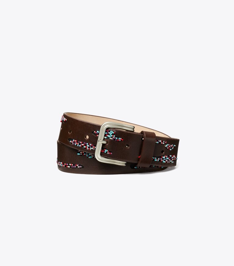 Tory Burch diseñador cinturones Cinturón de doble alambre con hebilla y cuentas en Dark Brown / Silver frente