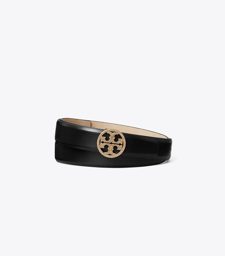 Tory Burch diseñador cinturones Cinturón Miller de cuero liso con logotipo en pavé de 1" (2,5 cm) en Black/Gold frente