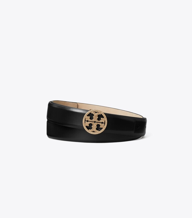 Tory Burch diseñador cinturones Cinturón Miller de cuero liso con logotipo en pavé de 1" (2,5 cm) en Black/Gold frente