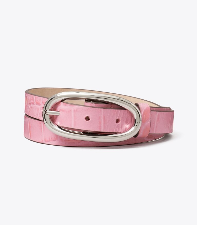 Tory Burch diseñador cinturones Cinturón perforado con hebilla grande con piel grabada en relieve con efecto de cocodrilo en Rose Sunset / Silver frente