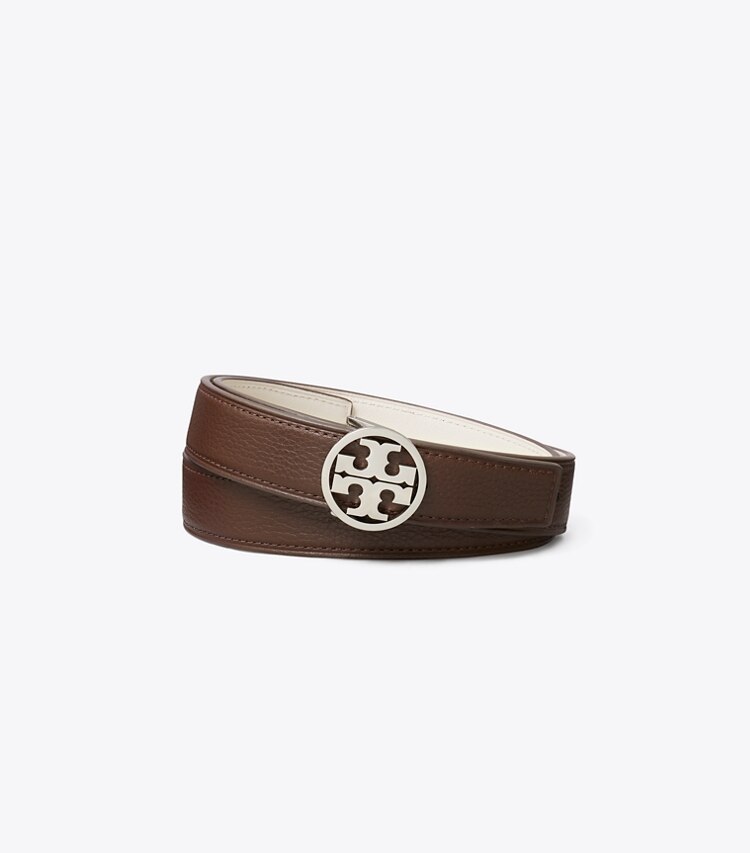 Tory Burch diseñador cinturones Cinturón reversible Miller de 1” (2.5 cm) en Dark Cocoa / Light Cream / Silver frente
