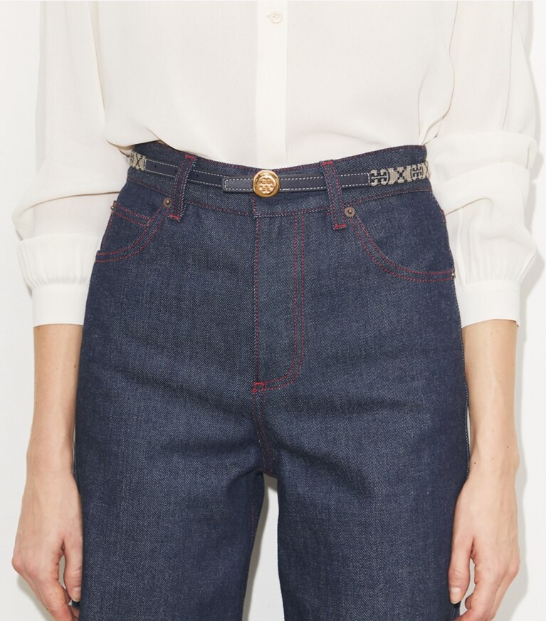 Tory Burch diseñador cinturones Cinturón reversible Romy en Tory Navy/Gold adicional en modelo