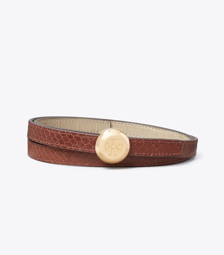 Tory Burch diseñador cinturones Cinturón reversible Romy en relieve con efecto cocodrilo en Light Hickory / Sweet Maple parte trasera