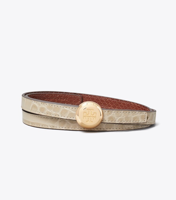 Tory Burch diseñador cinturones Cinturón reversible Romy en relieve con efecto cocodrilo en Light Hickory / Sweet Maple frontal