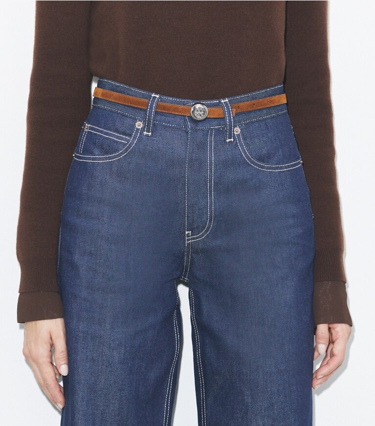 Tory Burch diseñador cinturones Cinturón Romy de gamuza reversible en Caramel / Tiramisu / Silver accesorio en modelo
