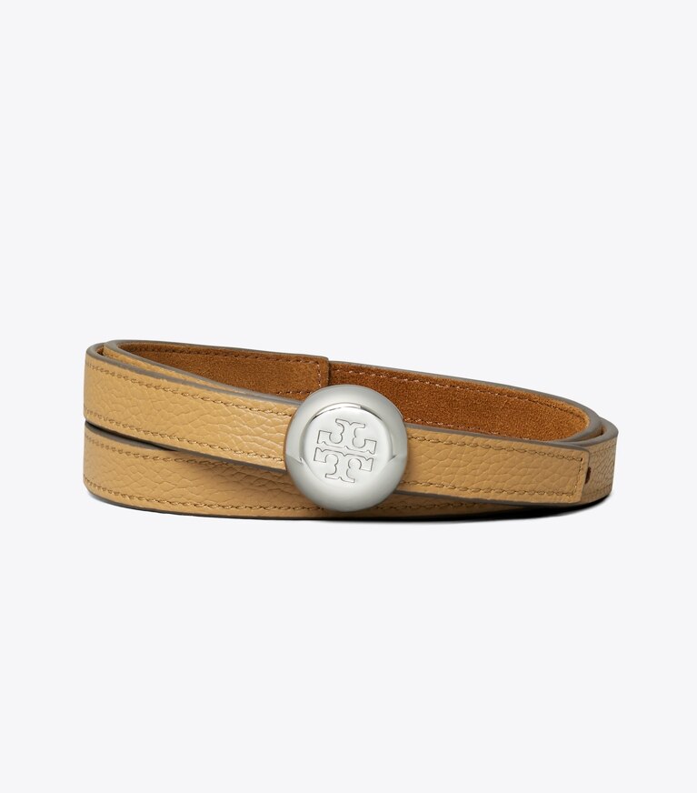 Tory Burch diseñador cinturones Cinturón Romy de gamuza reversible en Caramel / Tiramisu / Silver volver