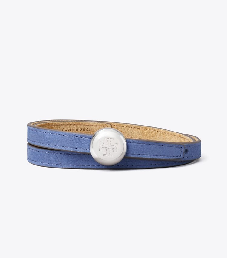 Tory Burch diseñador cinturones Cinturón Romy de gamuza reversible en Stone / Soft Blue / Silver frente
