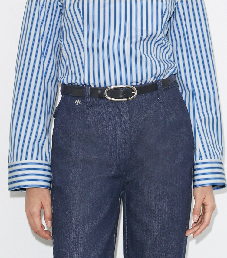 Tory Burch designer cinture Cintura con fibbia Pierced grande da 2,5 cm in Black/Silver accessory on model